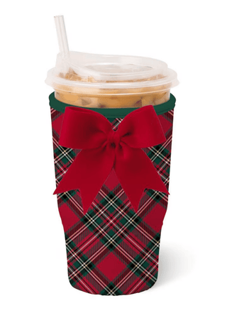 Plaid cup sleeve with a red bow 