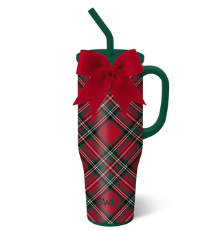 Swigs christmas plaid 40oz mega mug with green handle and straw, featuring a red bow.