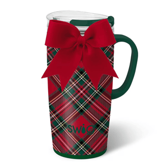 Swigs Christmas plaid 22oz travel mug with a red bow 