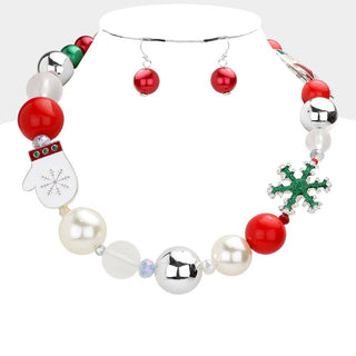 Christmas-themed beaded necklace and earring set.