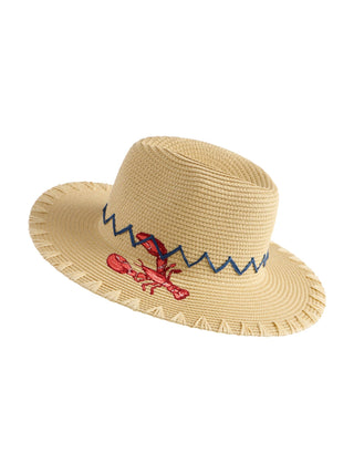 Beige straw hat with a red lobster design.