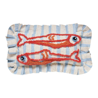 Decorative pillow with red sardine design on a striped background.