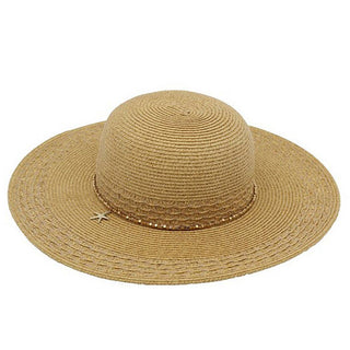 Tan straw hat with a wide brim and starfish decorative band.