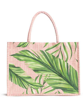 Tote bag with green leaf pattern.