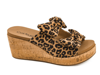 Corkys Bowed Up Leopard print wedge sandal with cork sole.