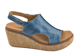 Corky's Carly Beach blue wedge sandal with brown sole.