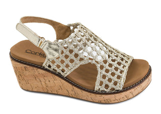 Corkys gold woven wedge sandal.