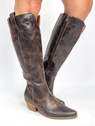 Corkys Crinkle Hat's Off Espresso colored distressed knee-high, zip-up boot with brown heel 