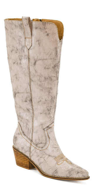 Corkys Crinkle Hat's Off Putty colored distressed knee-high, zip-up  boot with brown heel 