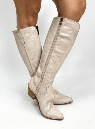 Corkys Crinkle Hat's Off Putty colored distressed knee-high, zip-up boot with brown heel 