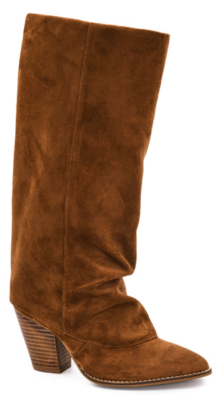 Corky's High Road tall brown suede knee-high boot with a stacked wood-look block heel and pointed toe
