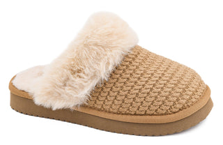 A single slip-on mule slipper with a textured tan knit upper, cream faux-fur trim, and a tan sole.