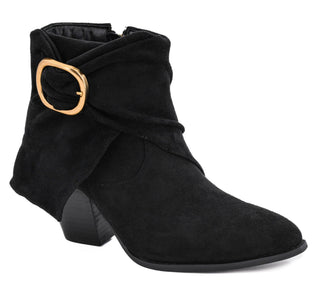 Corkys black suede Wine Oclock ankle boot with a draped side detail and a prominent gold-tone oval buckle.