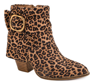 Corkys Wine Oclock leopard print ankle boot with a brown block heel and a gold-tone buckle detail on the side.