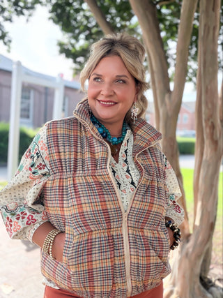  Easel Countryside Charm Vest. This cropped quilted vest with a playful multicolor plaid pattern 