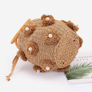 Pearl-Embellished Handmade Straw Bucket Bag