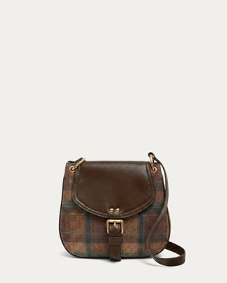 A small crossbody bag with a brown leather flap and a brown, beige, and green plaid patterned body, featuring gold-tone hardware and a matching brown strap.