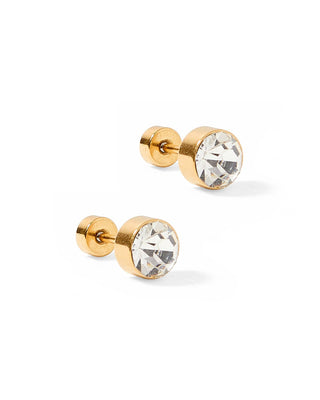 Gold stud earrings with clear gemstones and screw on backs