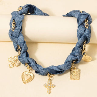 Denim Cross And Heart Charms Bandana And Chain Necklace