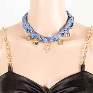 Denim Cross And Heart Charms Bandana And Chain Necklace
