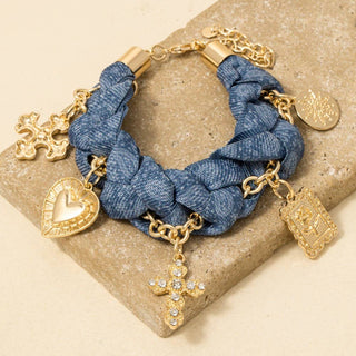 Denim Cross And Heart Charms Braided Bracelet