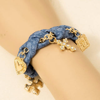 Denim Cross And Heart Charms Braided Bracelet