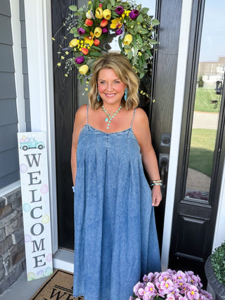 denim pleated midi dress