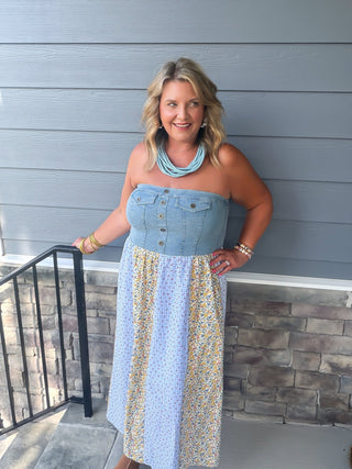 Denim & Ditsy Floral Midi Dress