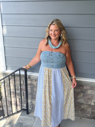 mixed denim & floral dress