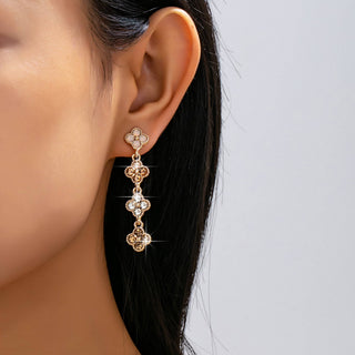 Rhinestone Clover Dangle Earrings | Gold