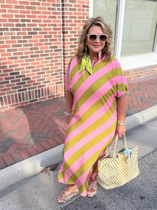 pink and green striped dress