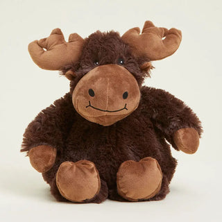 A plush moose warmie in dark brown and medium brown.