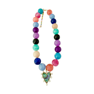Colorful beaded necklace with a heart-shaped pendant.