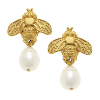 Gold bee-shaped earrings with pearl drops by Susan Shaw.