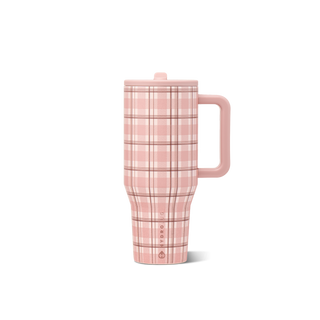 A pink travel mug with a matching lid and handle, featuring a light pink and white plaid pattern with thin brown lines made by Hydro Jug.