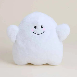 A white plush ghost warmie with a smiling face, black embroidered eyes and mouth, and pink cheeks.