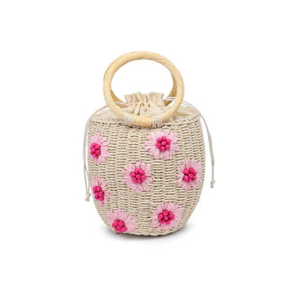 Woven handbag with pink floral patterns.