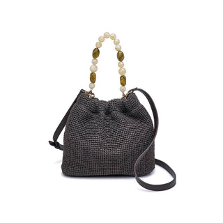 Dark woven handbag with a beaded handle.