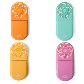 Four colorful handheld powerbank/fans in orange, turquoise, yellow, and pink.