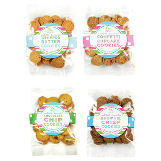 Four packages of different types of cookies with colorful labels.