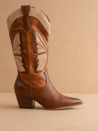 Brown cowboy boot with beige accents and butterfly inlay design.