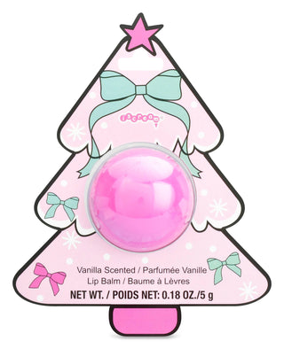 Pink lip balm in a Christmas tree-shaped container with decorative bows and a star 