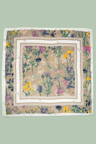 Beige Floral Print Silky Bandana Scarf