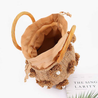 Pearl-Embellished Handmade Straw Bucket Bag