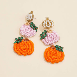 Pair of beaded pumpkin earrings with gemstone and pearl detail and post backs