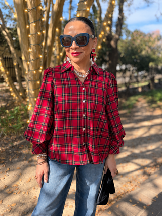 Festive Flair Plaid Top, featuring puff sleeves and a button-down front