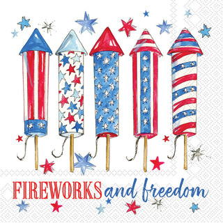 Decorative paper napkins with red, white, and blue firework designs and 'Fireworks and Freedom' text.