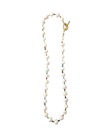 Pearl necklace with multicolored beads and gold clasp.