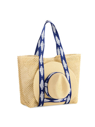 Woven tote bag with a straw hat set.