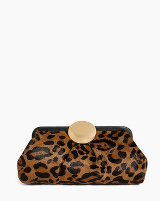 A leopard print clutch bag with a gold-tone circular clasp and black metal frame.